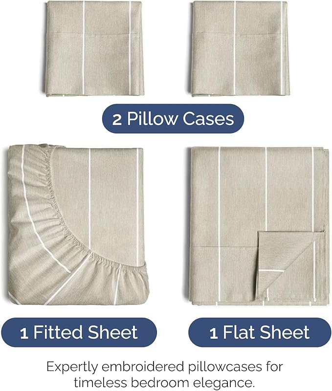 Queen Size 4 Piece Sheet Set - Extra Soft, Breathable & Cooling - Hotel Luxury Durable Bed Sheets - Deep Pockets, Easy-Fit & Wrinkle-Free - Beige Stripes Oeko-Tex