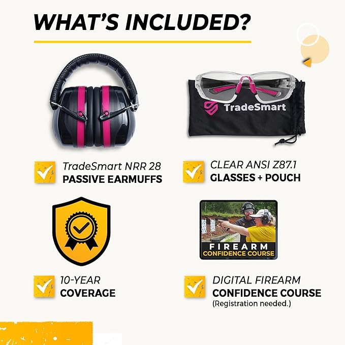 TradeSmart High-Performance Earmuffs for Shooting Range & Shooting Eye Protection Glasses + Firearm Confidence Course