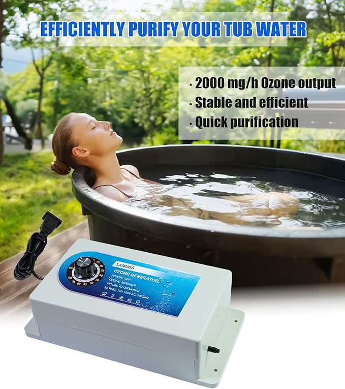 Ozone Generator with Timer for Cold Plunge and Hot Tubs, Portable SPA Ozonator with Air Stones, 2000MG/H High Output Multipurpose Ozone Machine(Include Check Valve and Y-Tee)