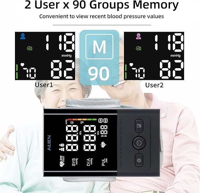 Automatic Upper Arm Blood Pressure Monitor, Large Display Dual User 2x90 Memory, Digital BP Machine with (8.5"-16.5") Adjustable Cuff, Fast & Accurate BP Monitor (Black/White-AES392)