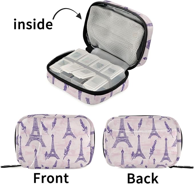 Fustylead Romantic Purple Eiffel Tower and Lavender Travel Pill Organizer Bag with Zipper Small Pill Box 7 Day Pill Case for Purse Storage Weekly Vitamin Medicine Supplement