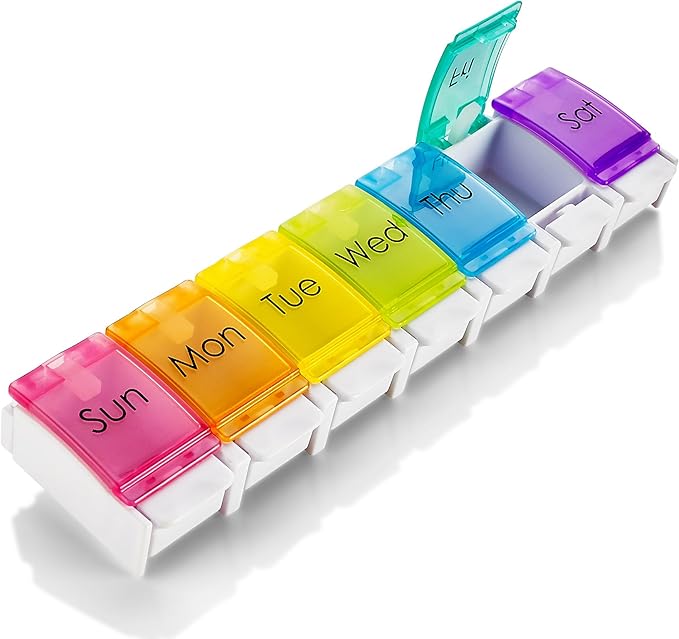 7 Day Pill Organizer - with Push Button Assisted Open a Daily Travel Pill Box Case Planner and Large Compartments for Medication Vitamins Fish Oil & Supplements, BPA Free