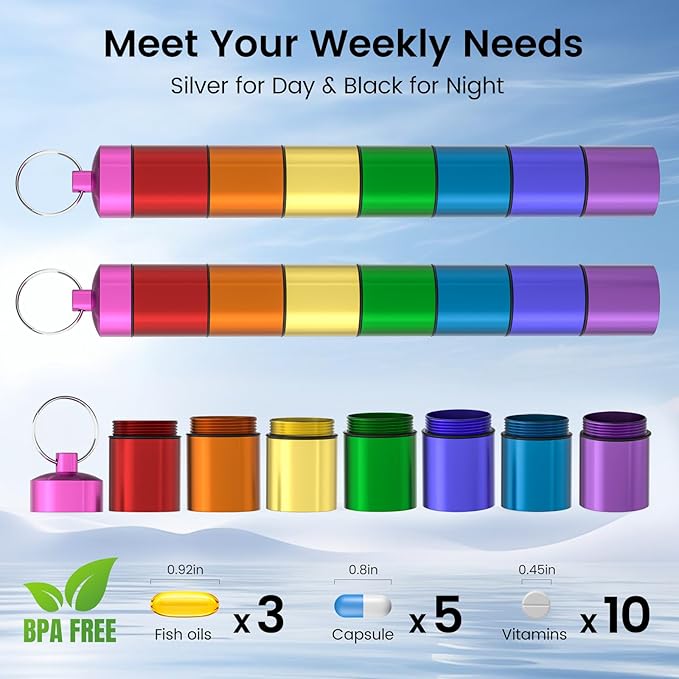 2 Pack Weekly Pill Organizer, QuwaYee Portable Small Pill Case Waterproof Keychain Pill Holder for Travel, Metal Medicine Organizer Box for Vitamin, Fish Oil, Supplement