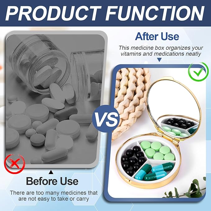 Portable Round Metal Pill Case with Mirror, Featuring 3 Compartments—Perfect for Travel. BPA-Free. (S-Gold, Small)