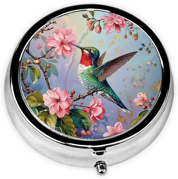 Hummingbird Pill Box 3 Compartment Small Pill Case,Portable for Pocket or Purse Pill Organizer Pill Container Holder with Mirror to Hold Vitamins, Medication, Fish Oil and Supplements