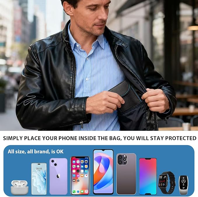 Faraday Bags For Phones,Faraday Phone Bag,Go Dark Bags For Cell Phones,Carbon Fiber Surface Signal Blocking Pouch, Car Key/Wifi/Rfid/Gps Signal Blocker With Red Blue Stiching