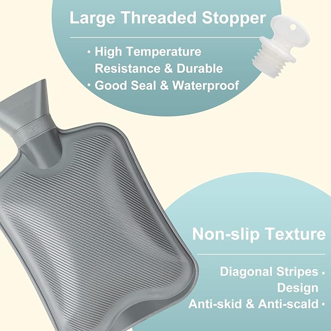 Hot Water Bottle, Fythao Rubber Hot Water Bottle for Pain Relief, Hot Water Bag for Cramps, Bed Warmer for Hand Feet Waist