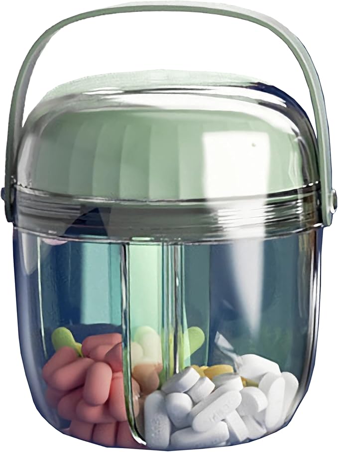 MURRI&MURRDI Pill Organizer with 4 Compartments, Travel Pill Box Small Portable Medicine Bottle, Anti-Mixing & Wide Opening, Compact Pill Container Holder for Vitamin Fish Oil Medication (F Green)
