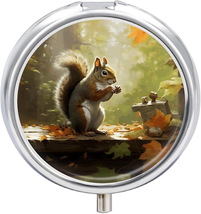 Squirrel Eats Nuts Pill Box Travel Pill Case for Purse Pocket Weekly Medicine Organizer with Mirror 3 Compartment Round Medicine Case Portable PillcaseHolder for Daily