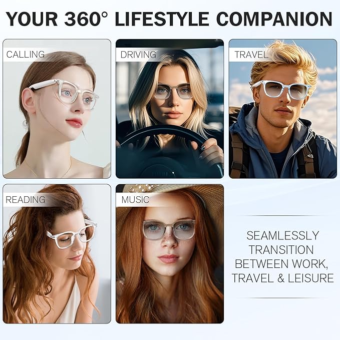 Bluetooth Glasses for Men & Women, Photochromic Lenses, Open-Ear Audio, Touch Control, Hands-Free Calls & Music, Smart Glasses for Walking & Travel (Transparent White Frame)