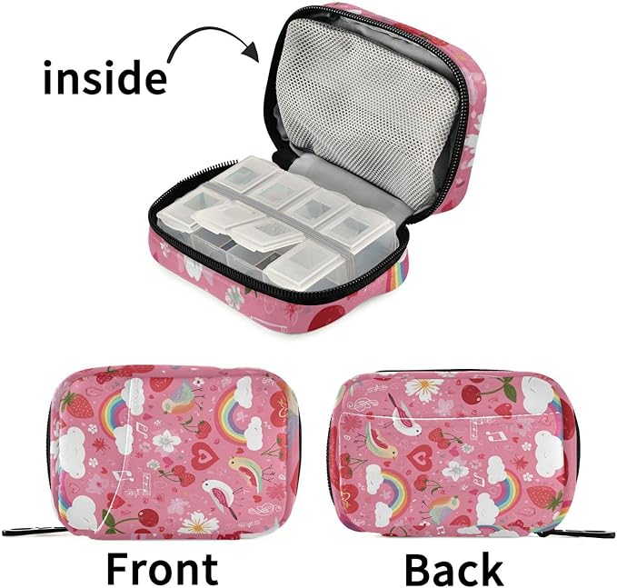 Pink Rainbow Cherry Bird Music Note Travel Pill Organizer Case Box Container Weekly Portable Vitamin Medicine Holder Storage Bag with Zipper Removable