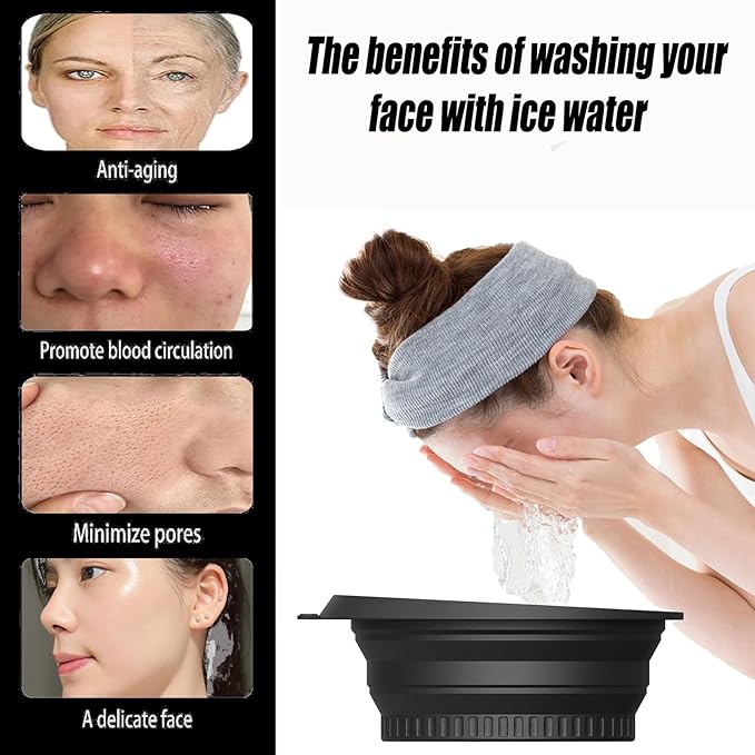 Face Ice Bath Bowl Mold With Built-In Icetray, Portable Foldable Silicone Dipping Water Facial Cold Immersion Therapy Plunge Bowl for Face Ice Bath Holder for Home And Travel (Black)