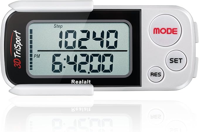 Realalt 3DTriSport 3D Walking Pedometer with Clip & Strap, Accurate Step Counter with 30-Day Memory, Distance in Miles/KM with Large Display Perfect for Seniors & Beginners, eBook Included