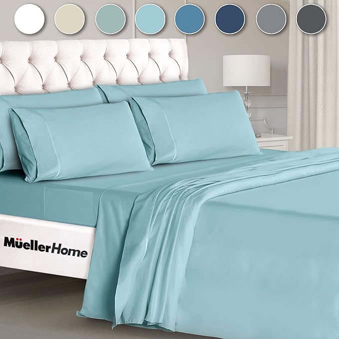Mueller Luxury 6 PC Full Size Bed Sheets, Super Soft 1800, Deep Pocket up to 16" Full Size Sheets, Transfers Heat, Breathes Better, Hypoallergenic, Wrinkle-Resistant, Oeko-TEX, Aqua