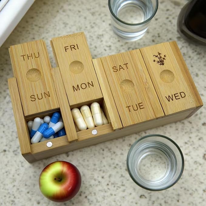 7-Day Bamboo Weekly Pill Organizer for Medicine Supplement, Arthritis Friendly Wood Pill Case Box for Vitamin, Daily Portable Travel Pill Holder Dispenser Container Keeper