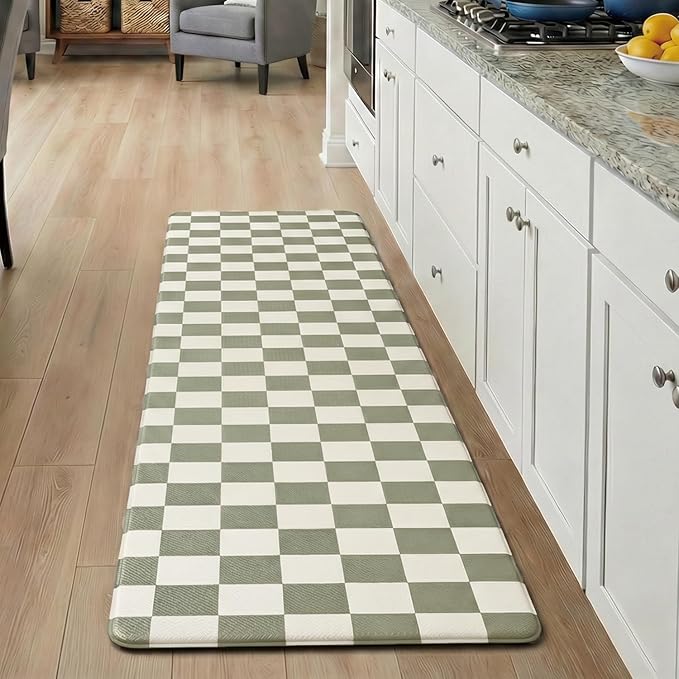 Beige Sage Checkered Grid Checkerboard Kitchen Rug Sets [2 PCs], Anti-Fatigue, Waterproof Non-Slip Kitchen Mats Heavy Duty Comfort Foam Rug for Kitchen, Floor, Laundry,17" x59“