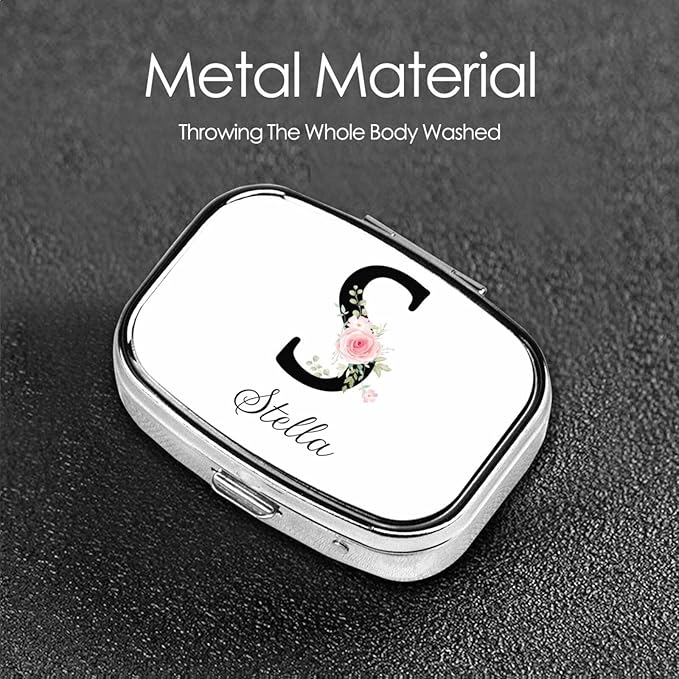 Custom Pill Box Personalized Square Small Pill Case with Mirror Add Your Photo Text Logo Name Decorative 2 Compartment Portable Metal Medicine Container Vitamin Organizer for Pocket Purse Travel (S)