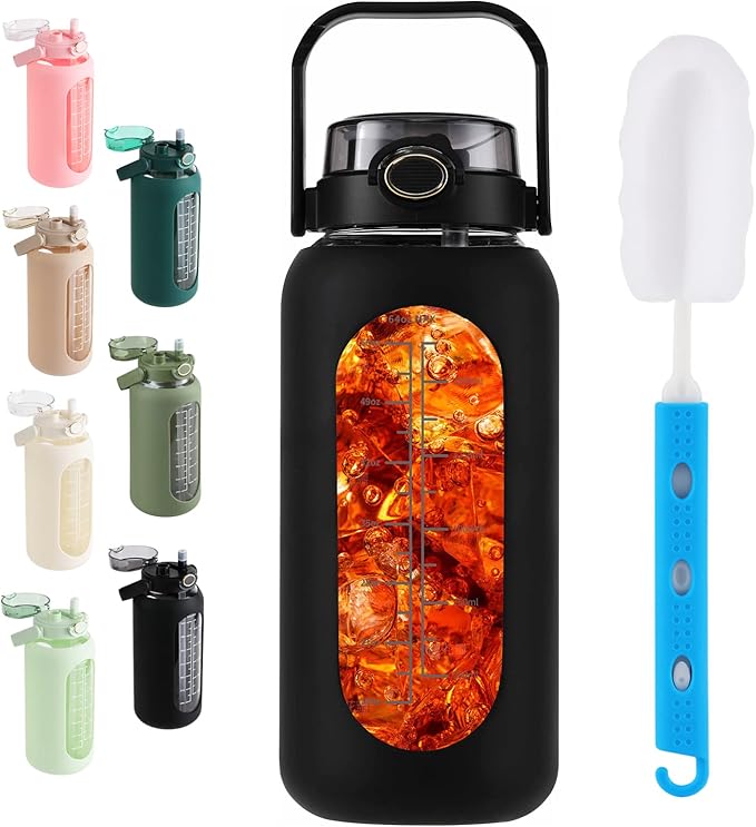 Glass Water Bottle with Straw and Handle Lid Half Gallon Motivational Glass Bottle with Silicone Sleeve and Time Marker Large Reusable Sports Water Jug for Gym Home Workout