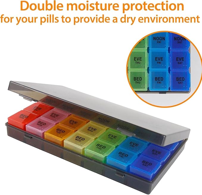 4Pack Weekly Pill Organizer 4 Times a Day, 7-Day Pill Boxes, Monthly Medication Organizer 28 Days Portable Compartments & Moisture-Proof Outer Case for Vitamins, Fish Oils, Supplements (Black)