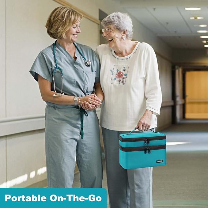 Medicine Storage Bag,Double Layers Pill Bottle Organizer Bag Empty with Lockable Zipper&Adjustable Divider,Medication Travel Carrying Bag for Pills,Vitamins,Medical Supplies,Teal Color