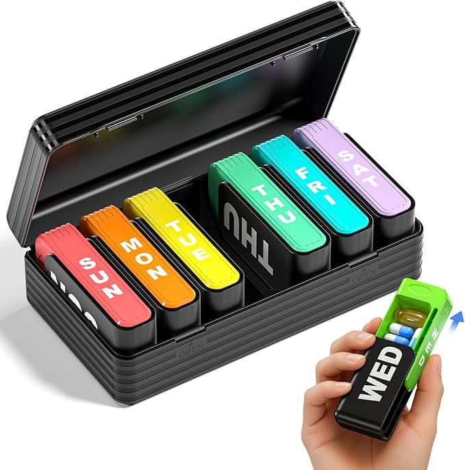Betife Removable Travel Pill Organizer, Weekly Pill Organizer for 1 Time a Day with Easy Sliding Drawers, Large Pill Box with Airtight Seals for Supplements and Vitamins, Black