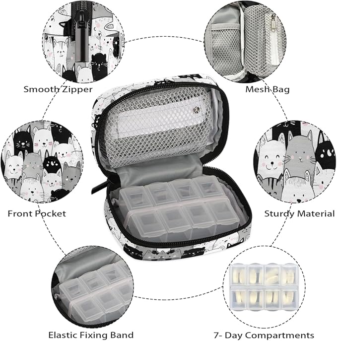 Black White Cat Pill Case Travel Pill Organizer Weekly 7 Day Portable with Zipper Medicine Box Pill Case for Vitamins, Birth Control,Fish Oils,Medication, Supplements