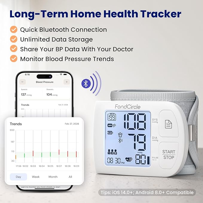 Wrist Blood Pressure Monitor, Bluetooth Automatic Blood Pressure Cuff for Home Use, Talking Digital Machine with Smart App Sync, 3-User Mode 398 Memory, (5.3"-8.5" in Cuff)