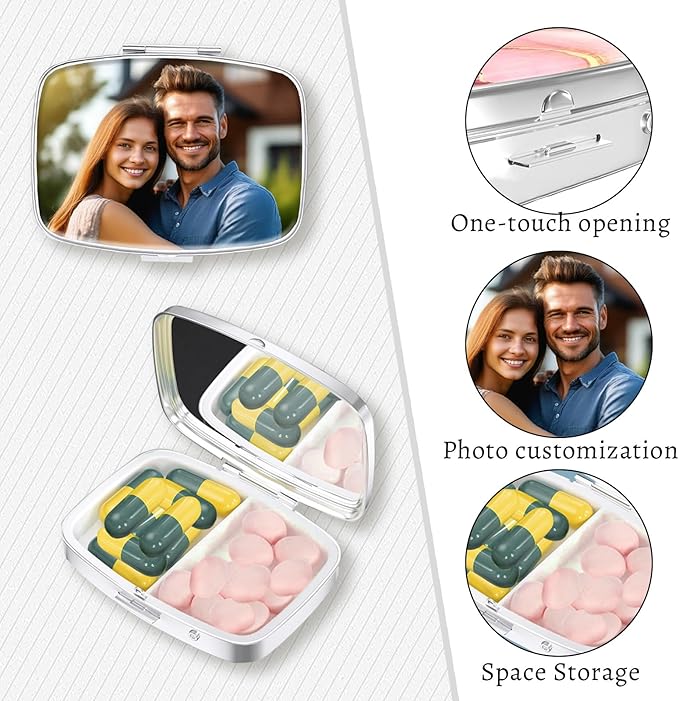 Custom Pill Box with Picture Portable Pill Box for Purse or Pocket Mini Metal Pill Case Travel Pill Container Gifts to Hold Vitamins Medication Fish Oil and Supplements