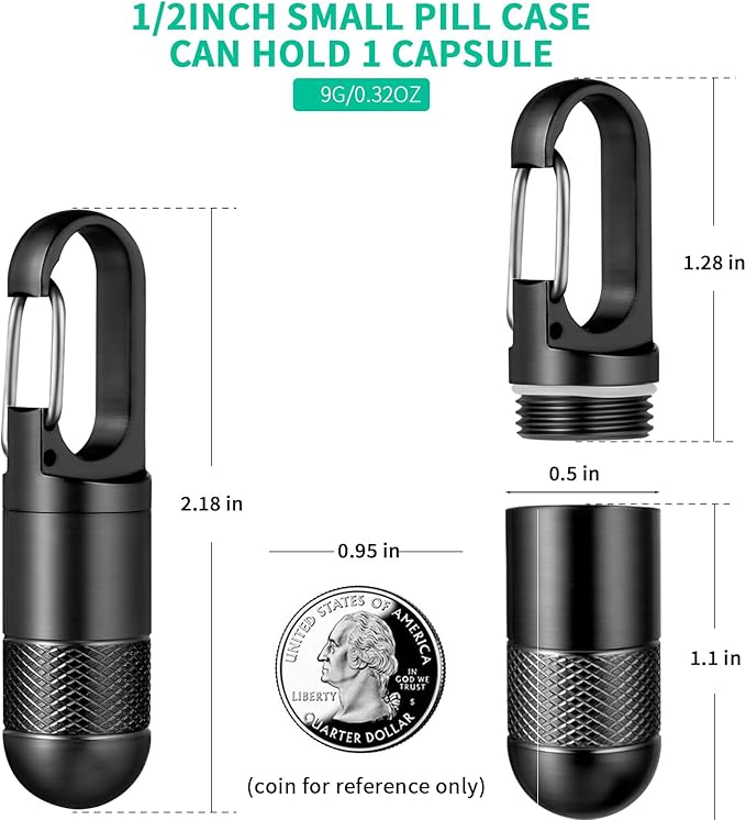 Micro Pill Holder Keychain Titanium Pill Case for Purse Small Pill Container Travel Black Pill Box Medicine Bottle Organizer for Vitamin Fish Oil Supplement