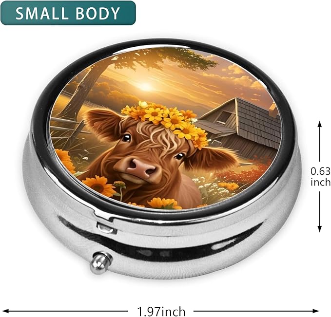 Pill Box 3 Compartment Pocket Small Pill Organizer Mini Metal Pill Holder Travel Portable for Man Woman Old People and Children - Highland Cow