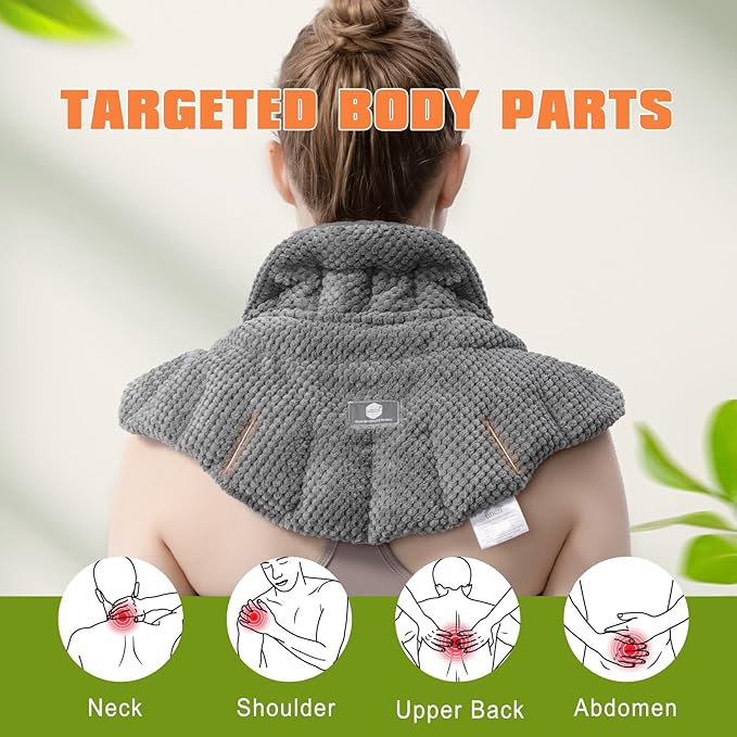 Microwave Heating Pad for Neck, Shoulders Back Pain Relief | Large Moist Weighted Cordless Heat Pad | Heated Neck Wrap for Targeting Stress, Tension Relief and Relaxation Grey