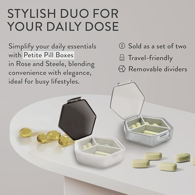 Petite Pill Box Set - Stylish Compact Daily Pill Organizer, Medication Pill Case, Pill Container for Vitamin Management, Travel Essentials for Women/Men - Set of 2, Blanc & Platinum