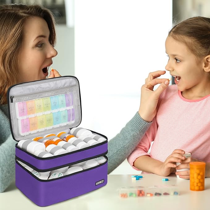 Medicine Storage Bag,Double Layers Pill Bottle Organizer Bag Empty with Lockable Zipper&Adjustable Divider,Medication Travel Carrying Bag for Pills,Vitamins,Medical Supplies,Purple