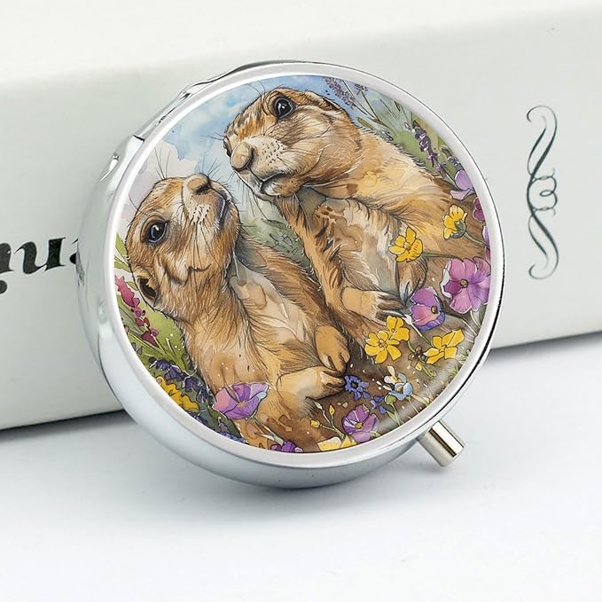 Two Prairie Dogs Pill Box Travel Pill Case for Purse Pocket Weekly Medicine Organizer with Mirror 3 Compartment Round Medicine Case Portable PillcaseHolder for Daily