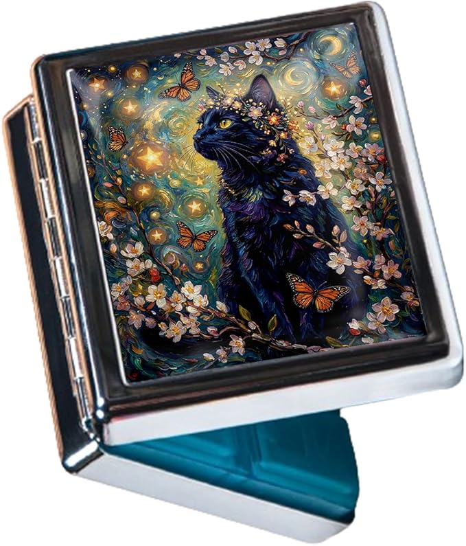 Metal 7 Day Pill Organizer, Weekly Pill Case 8 Compartments, Travel Pill Box for Purse & Pocket, Small Medicine & Vitamin Organizer, PP Dividers, Secure Clasp (Starry Black Cat)