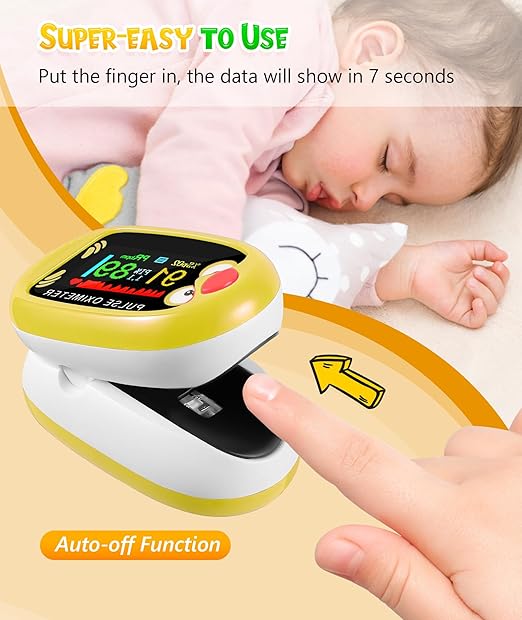 Fingertip Pluse Oximeter for Small Fingers, USB-C Rechargeable Oxygen Monitor, Cute Cartoon Design, Sports & Aviation Use, Applicable for Kids & Children (Yellow)