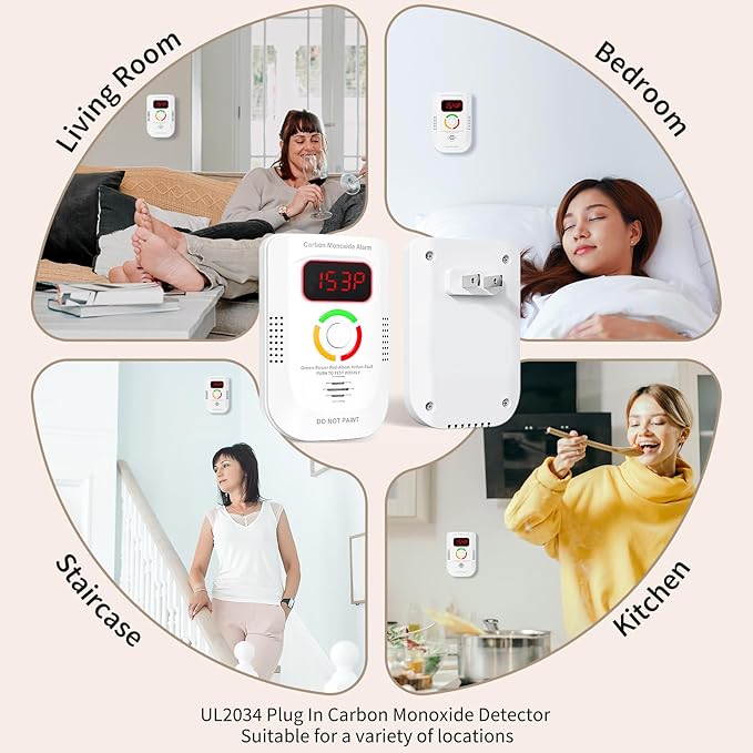 3 Pack Carbon Monoxide Detector,Plug in co Detectors for Home, Portable Carbon Monoxide Alarm Battery Powered with LED Display for Travel