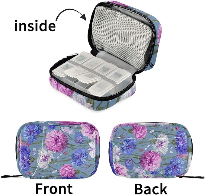 Pink Purple Cornflower Travel Pill Organizer Case Box Container Weekly Portable Vitamin Medicine Holder Storage Bag with Zipper Removable
