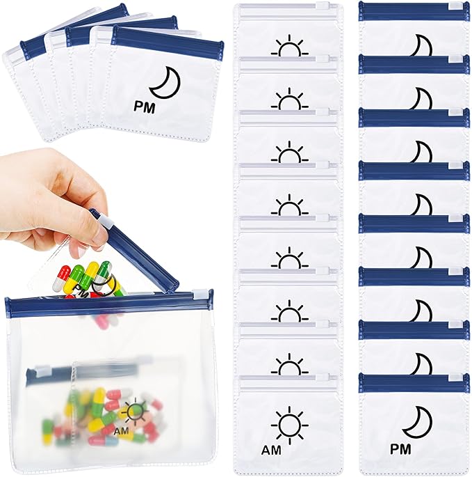56 Pcs AM PM Pill Pouches Bags Travel Pill Bags Zippered Medicine Organizer Day and Night Pill Bag Reusable Plastic Pill Baggies with Slide Lock Monthly Pill Organizer 2 Times a Day (Clear, Blue)