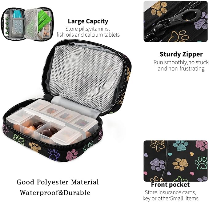 Fustylead Colorful Doodle Cute Paw Print Travel Pill Organizer Case Zipper for Purse with Removable Weekly Pill Box for Medicine, Vitamin, Supplement Medicine Organizer