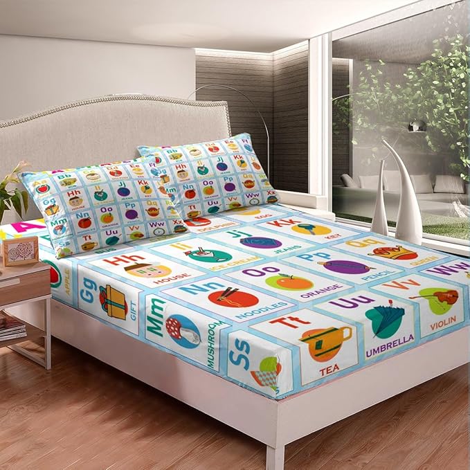 ABC Alphabet Fitted Sheet Queen Size, Kids Toddler Learning Time Bed Sheet Set Educational Learning Bed Cover Lightweight