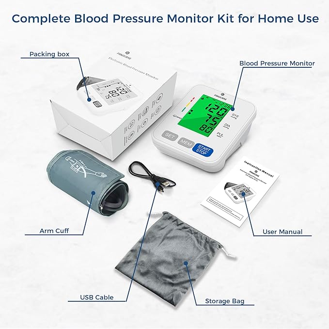 P PANACARE Upper Arm Blood Pressure Monitor for Home Use, Adjustable Cuff (8.7–16.5 inches), Large Backlit Display, White
