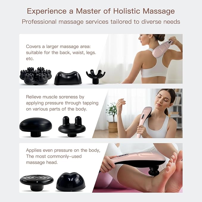 MEGAWISE Cordless Handheld Back Massager w/Rechargeable 3200mAh Battery, 5 Speed and 5 +2 Massage Nodes with Hard, Medium and 2 Soft Silicone Nodes; Massage While Moving Around (Rose Gold)