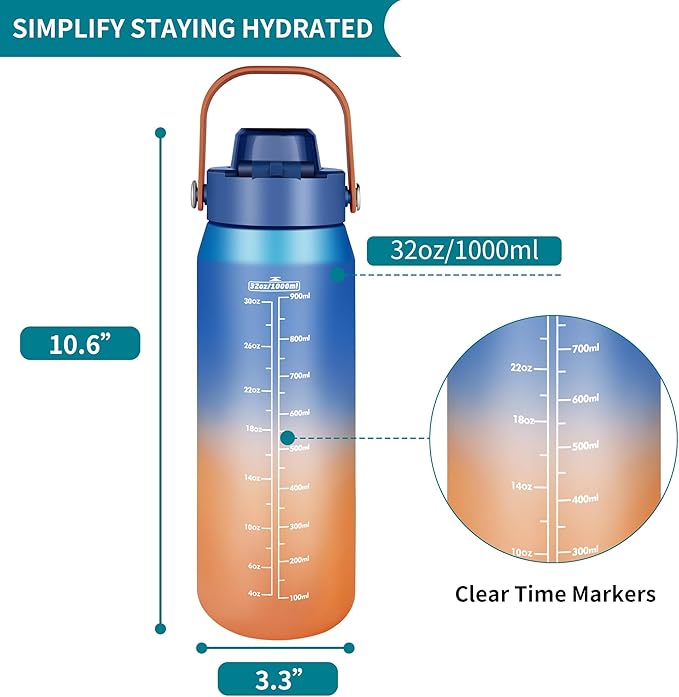 Motivational Water Bottle 32oz with Time Marker- Leakproof & BPA Free Sports Water Bottle with Straw & Carry Strap for Gym, Travel and Outdoor Sports (Blue/Orange Gradient)