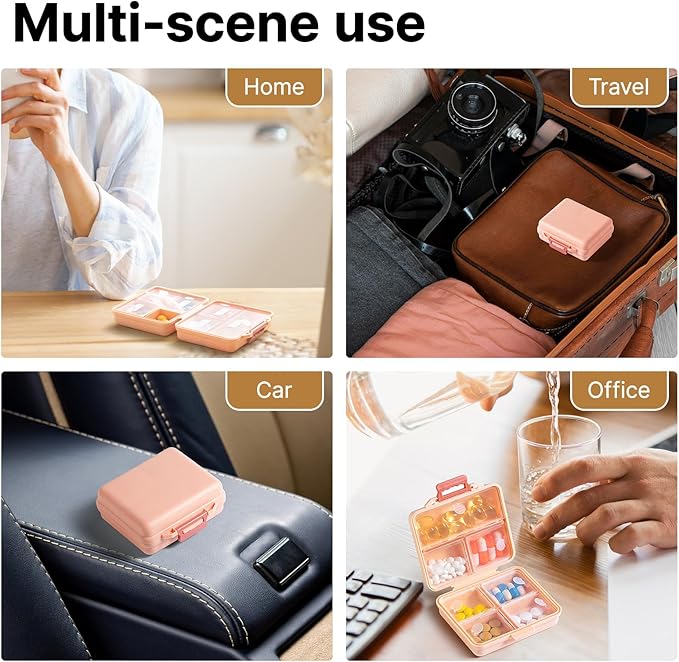 1 Pack Travel Pill Organizer,Portable Daily Pill Box,7 Grid Compartments Weekly Pill Case with Lables,Mini Medicine Organizer Box,Compact Pocket Pharmacy for Purse Vitamin Fish Oil Container (Pink)