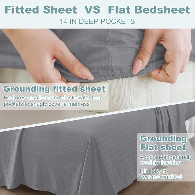 Grounding Sheets Full Size, Grounding Fitted Sheet 54x75x14 in,10% Pure Silver Fiber, Grounded Bed Sheets for Improved Sleep & Wellness (Gray, Full)