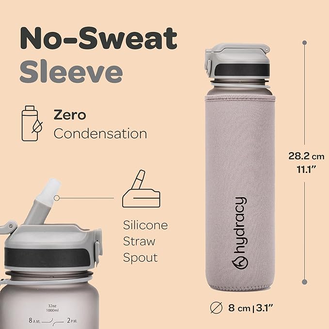 Hydracy Water Bottle with Time Marker -Large BPA Free Water Bottle & No Sweat Sleeve -Leak Proof Gym Bottle with Fruit Infuser Strainer & Times to Drink -Ideal for Fitness Sports & Outdoors