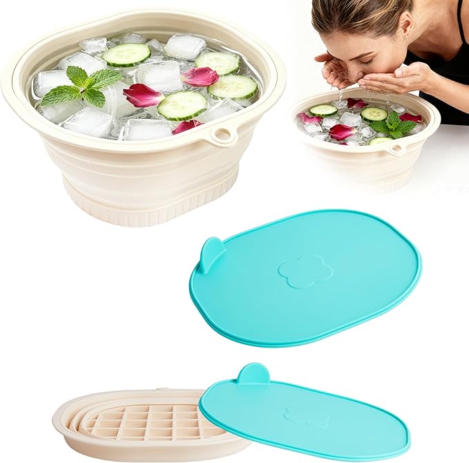 Upgrade Face Bowl for Ice with Built-In Ice Tray Collapsible Silicone Ice Bath Basin with Cover Portable Home Spa Tools for Home or Travel