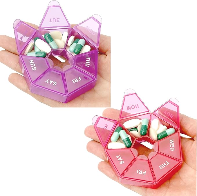 Pill Organizer, 2 Pack Pill Box, Small Pill Case, 1 Time a Day, Weekly Medicine Pill Organizers, Daily Pill Holder, Travel Pill Container, 7 Day(Purple &Red)