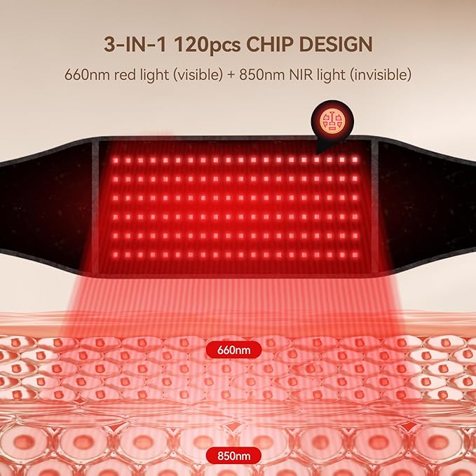 Red Light Therapy Belt, 660nm & 850nm Infrared Red Light Therapy Wrap with Massage and Timer, 5000mAh Cordless Rechargeable Red Light Relaxation Belt for Back, Abdomen, Joint & Muscle